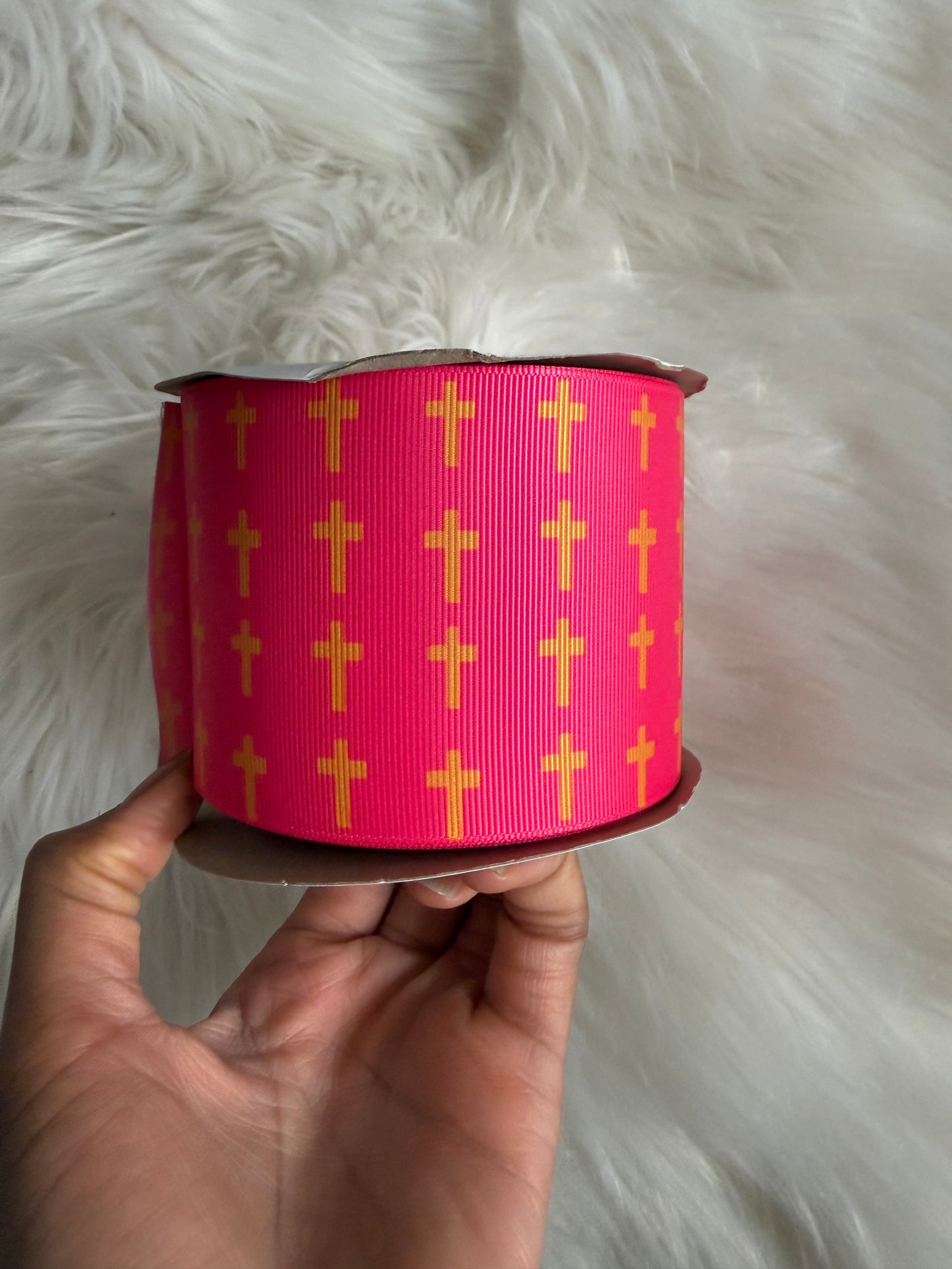 Crosses on pink 3 inch ribbon
