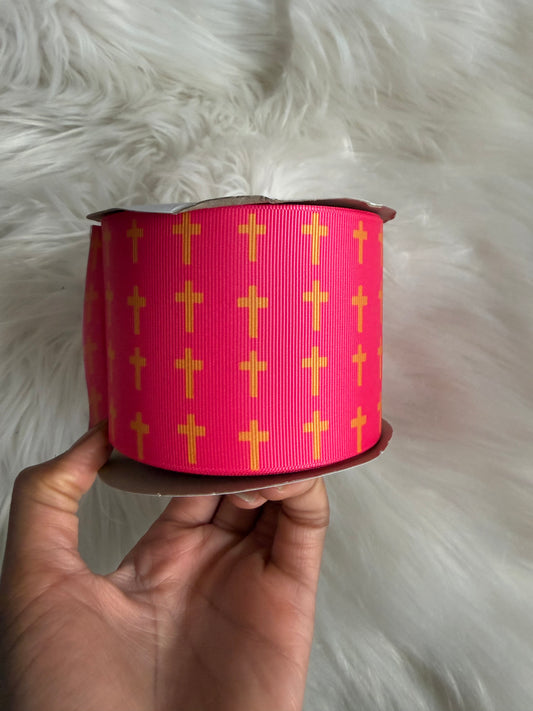 Crosses on pink 3 inch ribbon