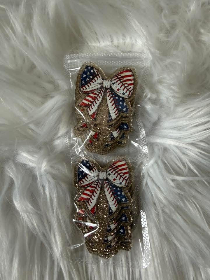Flag baseball bow acrylic flat back
