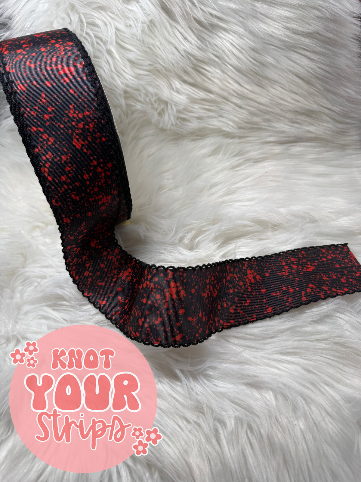 2.5 inch red splatter on black   moonstich ribbon| Ribbon | Sold by the yard |