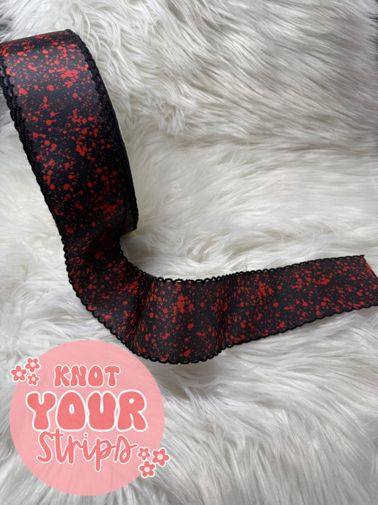 2.5 inch red splatter on black   moonstich ribbon| Ribbon | Sold by the yard |